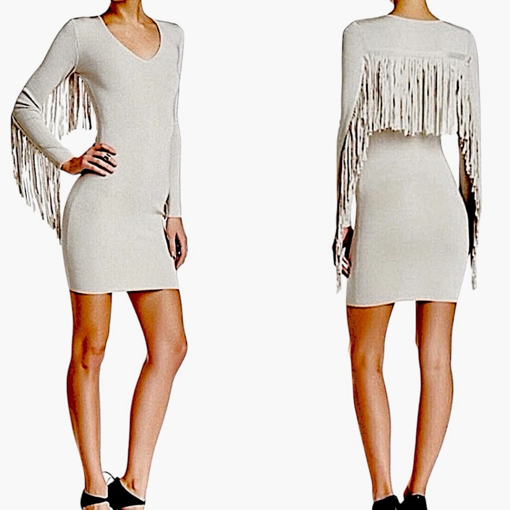 RONNY KOBO “Francesca” Fringe Long Sleeve V-Neck Bodycon Dress Size Small